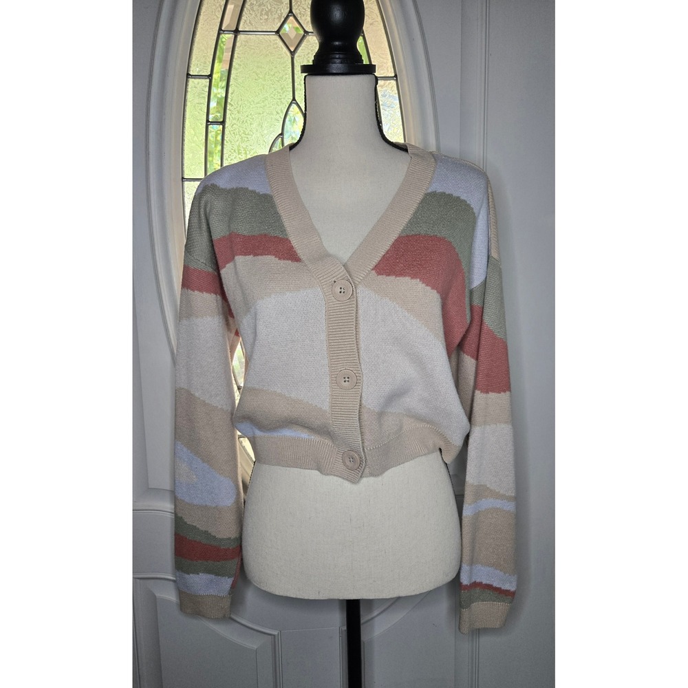 Hollister Cropped Cardigan Sweater Small Neutral Colorblock Soft Girl Coastal